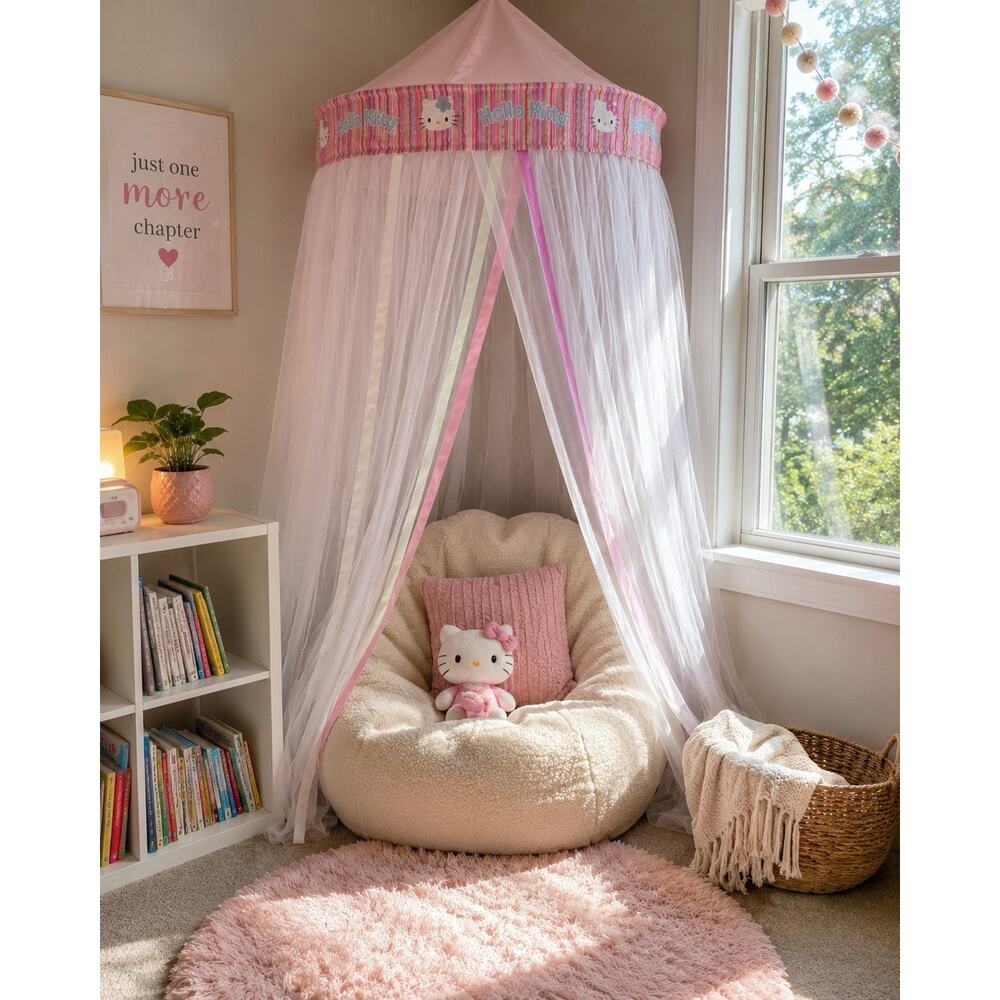 Vintage Hello Kitty Bed Canopy Sanrio 2006 Pink Mesh Princess Reading Nook Tent